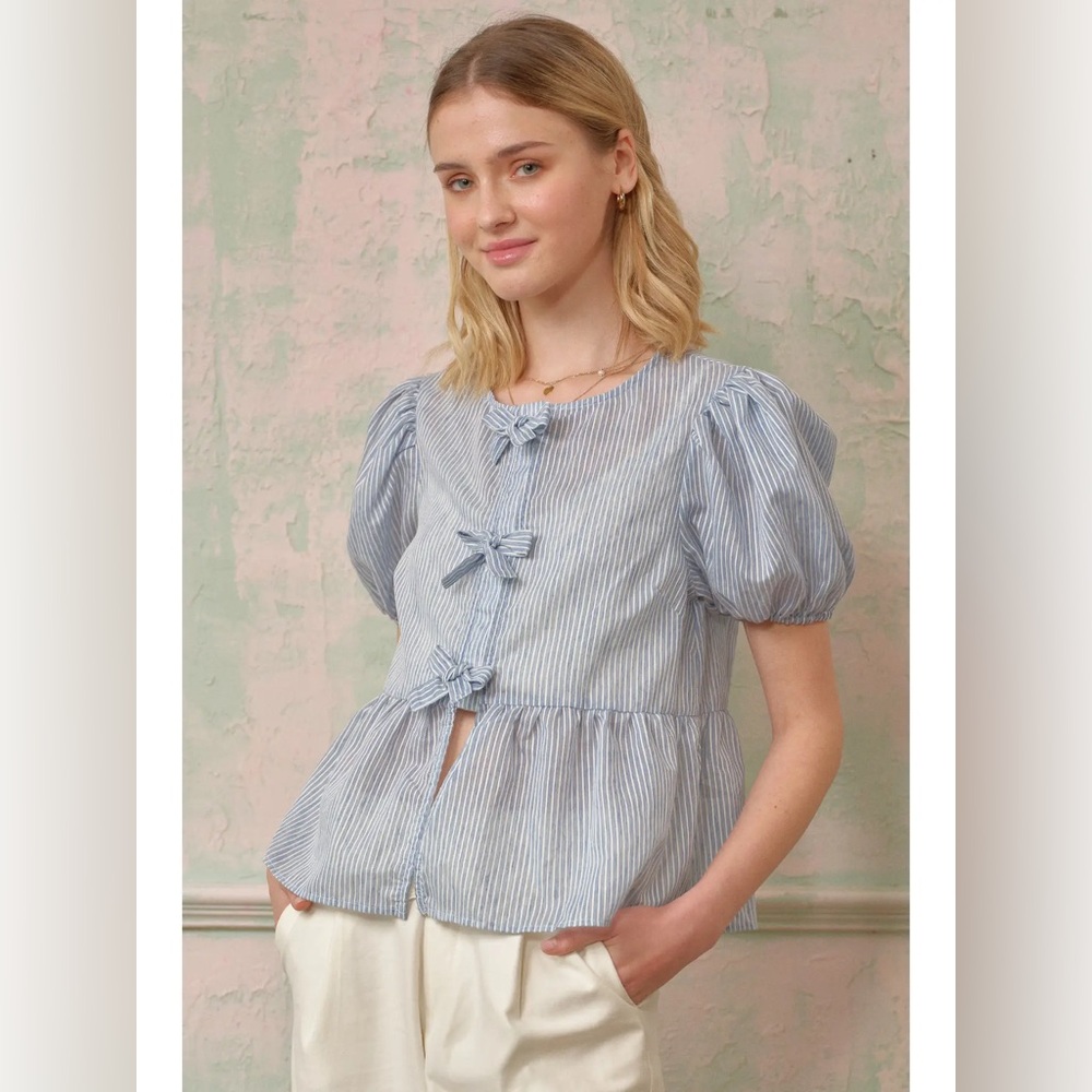 Rosie Posie Striped Peplum Top with Bows NWT size large - Picture 4 of 4